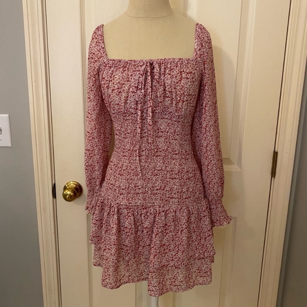 Princess Polly Red Floral Ruffle Tie Carrillo Long Sleeve Mini Dress